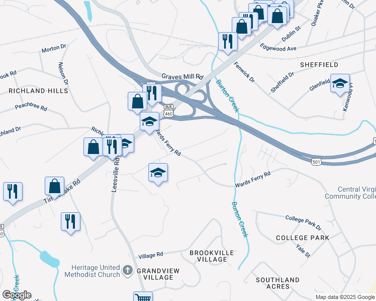 map of restaurants, bars, coffee shops, grocery stores, and more near 102 Adams Drive in Lynchburg