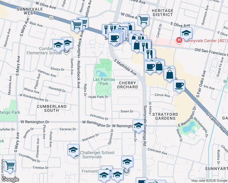 map of restaurants, bars, coffee shops, grocery stores, and more near 595 Crawford Drive in Sunnyvale