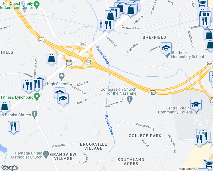 map of restaurants, bars, coffee shops, grocery stores, and more near 128 Water Gate Drive in Lynchburg