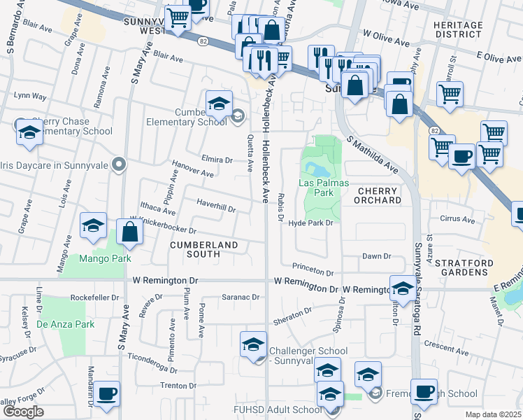 map of restaurants, bars, coffee shops, grocery stores, and more near 872 Hollenbeck Avenue in Sunnyvale