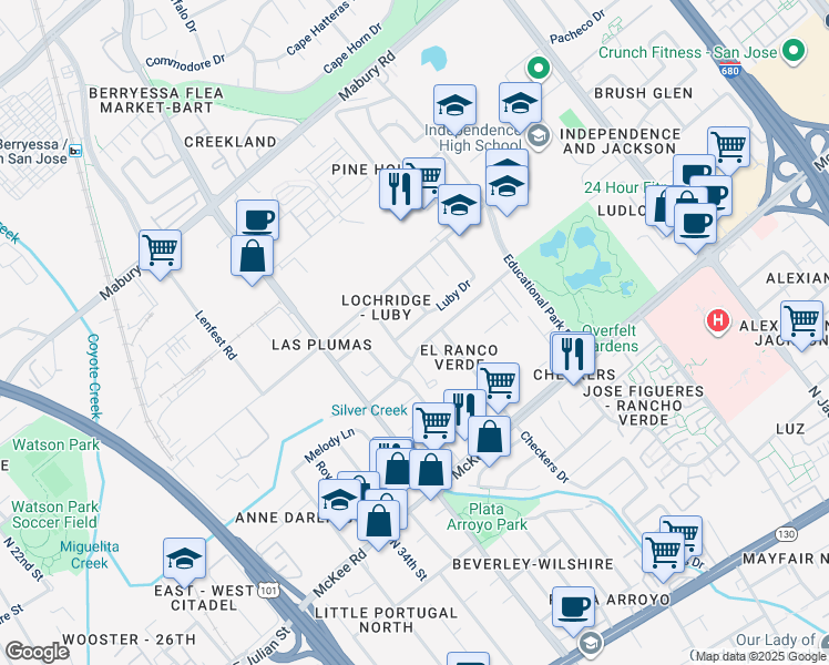 map of restaurants, bars, coffee shops, grocery stores, and more near 1816 Luby Drive in San Jose