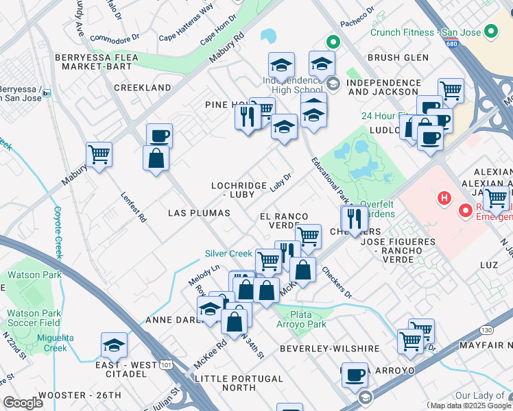map of restaurants, bars, coffee shops, grocery stores, and more near 1855 Luby Drive in San Jose