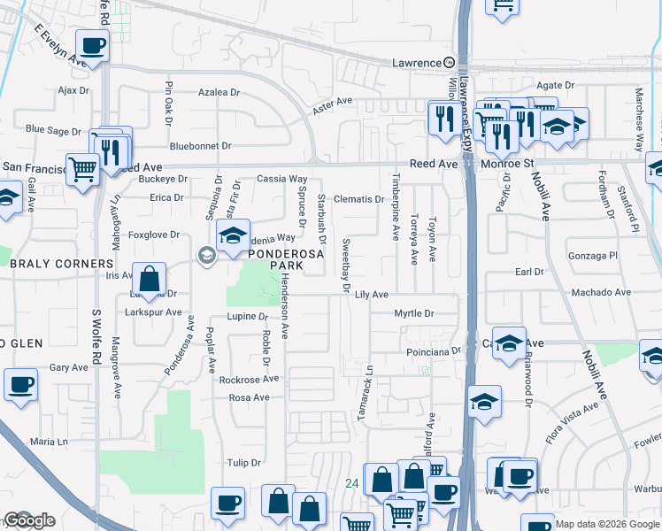 map of restaurants, bars, coffee shops, grocery stores, and more near 759 Sweetbay Drive in Sunnyvale