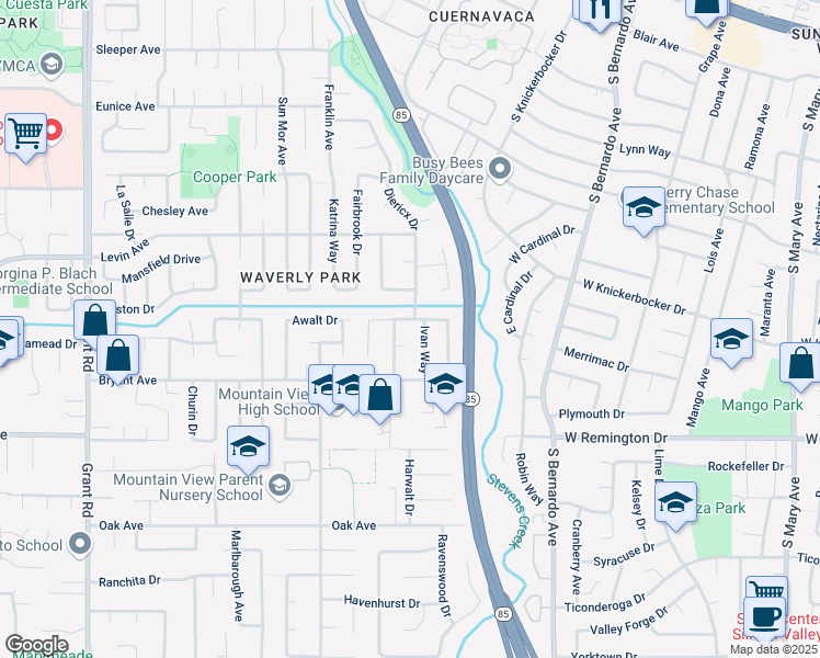 map of restaurants, bars, coffee shops, grocery stores, and more near 1266 Lubich Drive in Mountain View