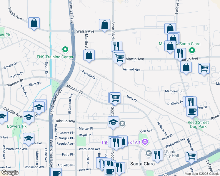 map of restaurants, bars, coffee shops, grocery stores, and more near 2201 Monroe Street in Santa Clara
