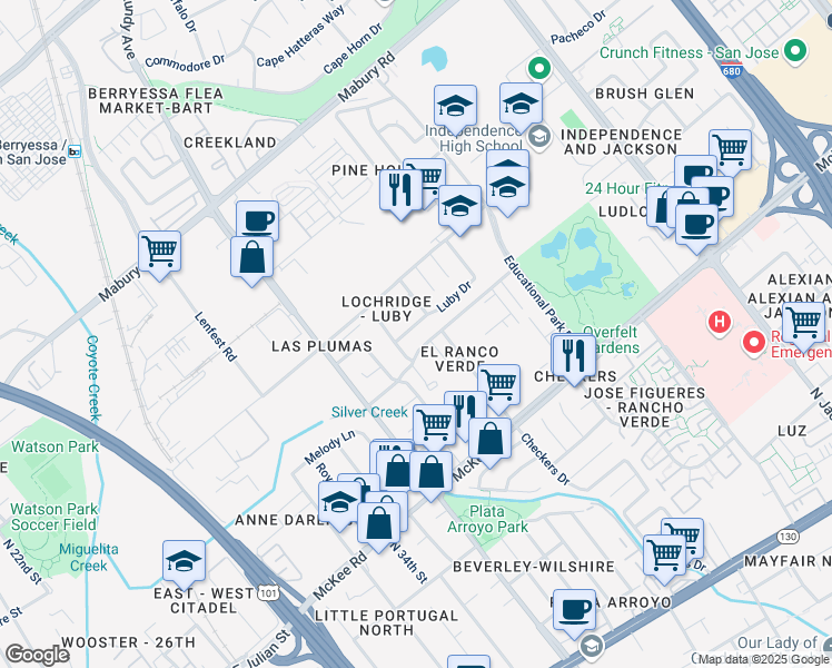 map of restaurants, bars, coffee shops, grocery stores, and more near 1855 Luby Drive in San Jose