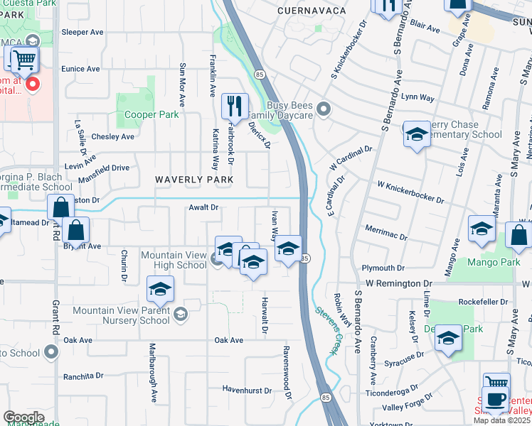 map of restaurants, bars, coffee shops, grocery stores, and more near 1266 Lubich Drive in Mountain View