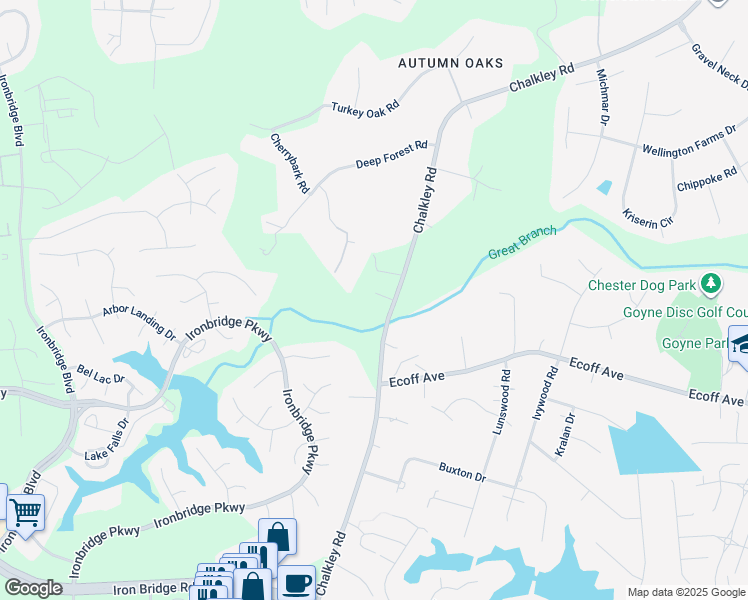 map of restaurants, bars, coffee shops, grocery stores, and more near 11220 Chalkley Road in Chester