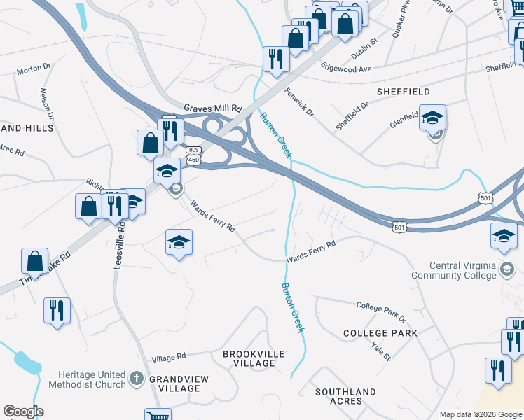 map of restaurants, bars, coffee shops, grocery stores, and more near 118 Adams Drive in Lynchburg