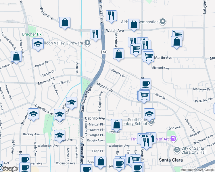 map of restaurants, bars, coffee shops, grocery stores, and more near 2315 Monroe Street in Santa Clara