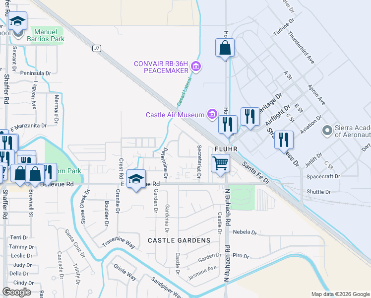 map of restaurants, bars, coffee shops, grocery stores, and more near 3002 Lucky Debonair Street in Atwater