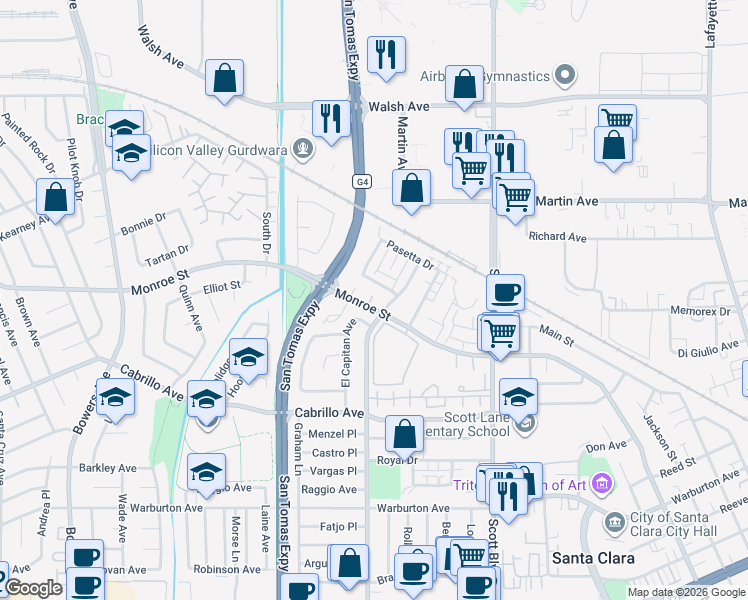 map of restaurants, bars, coffee shops, grocery stores, and more near 2315 Monroe Street in Santa Clara