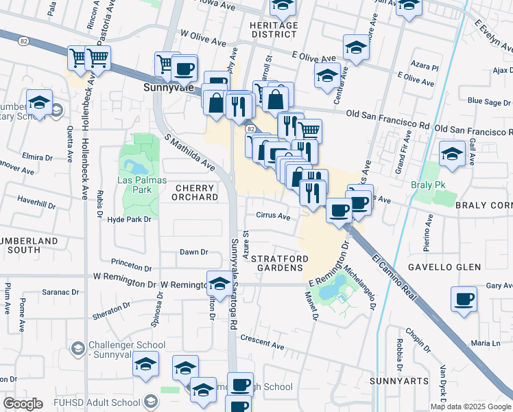 map of restaurants, bars, coffee shops, grocery stores, and more near 128 Brahms Way in Sunnyvale