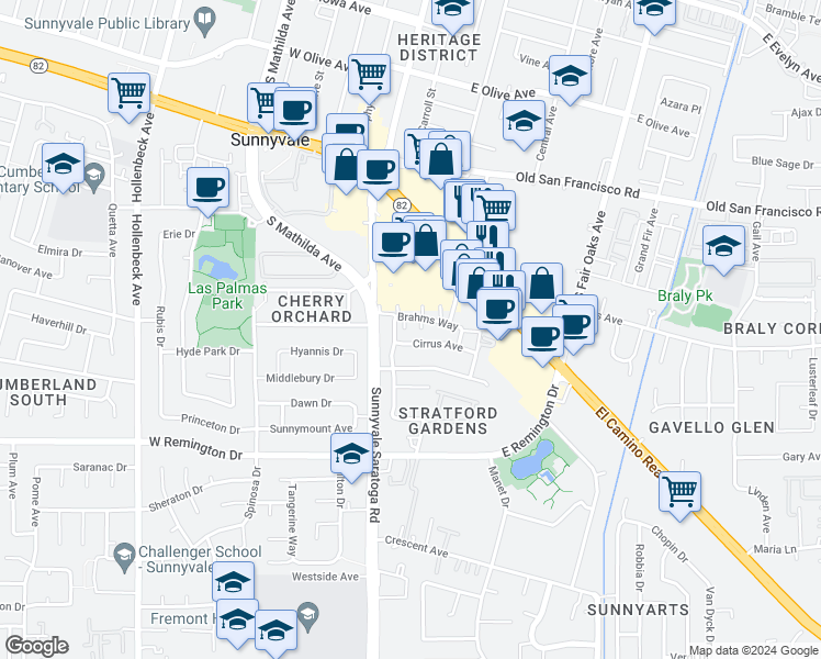 map of restaurants, bars, coffee shops, grocery stores, and more near 128 Brahms Way in Sunnyvale