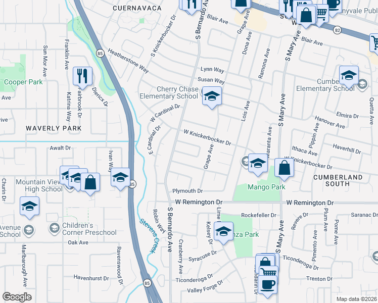 map of restaurants, bars, coffee shops, grocery stores, and more near 1129 Lexington Drive in Sunnyvale
