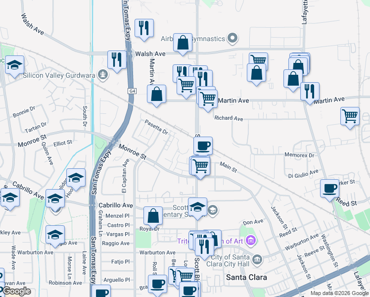 map of restaurants, bars, coffee shops, grocery stores, and more near 2201 Monroe Street in Santa Clara