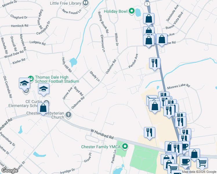 map of restaurants, bars, coffee shops, grocery stores, and more near 3006 Perdue Avenue in Chester