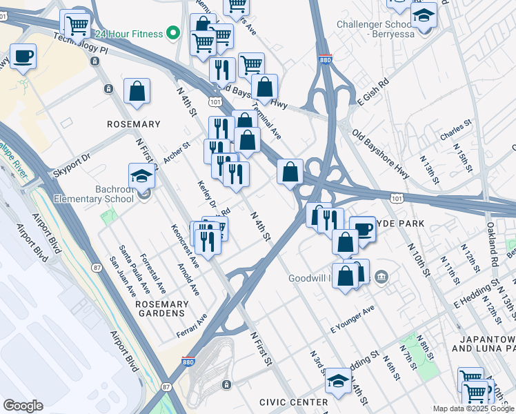 map of restaurants, bars, coffee shops, grocery stores, and more near 1415 North 4th Street in San Jose