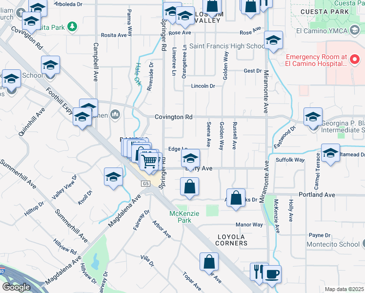 map of restaurants, bars, coffee shops, grocery stores, and more near 743 Edge Lane in Los Altos
