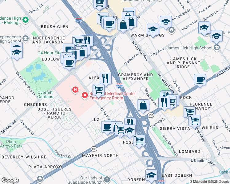 map of restaurants, bars, coffee shops, grocery stores, and more near 159 Brill Court in San Jose