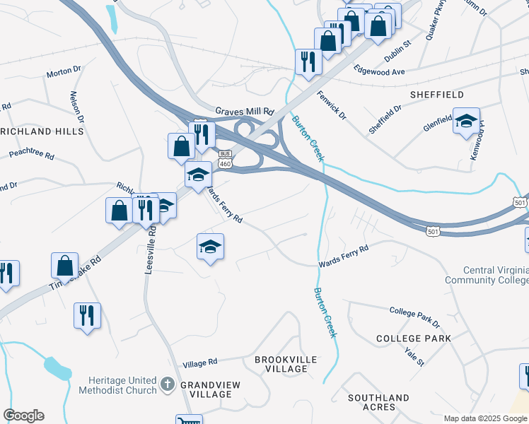 map of restaurants, bars, coffee shops, grocery stores, and more near 106 Adams Drive in Lynchburg