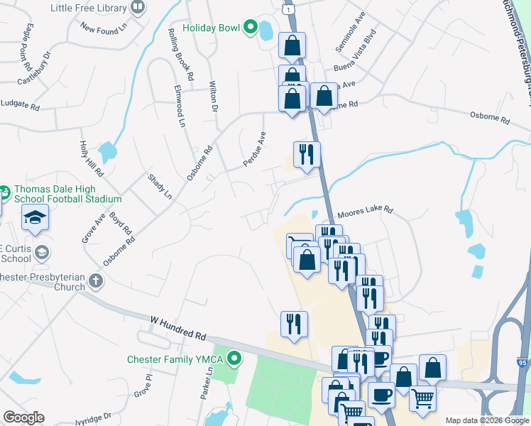 map of restaurants, bars, coffee shops, grocery stores, and more near 3000 Perdue Springs Lane in Chester