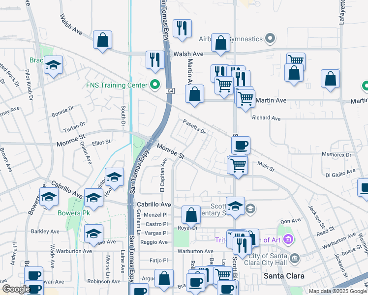 map of restaurants, bars, coffee shops, grocery stores, and more near 2248 Los Padres Boulevard in Santa Clara