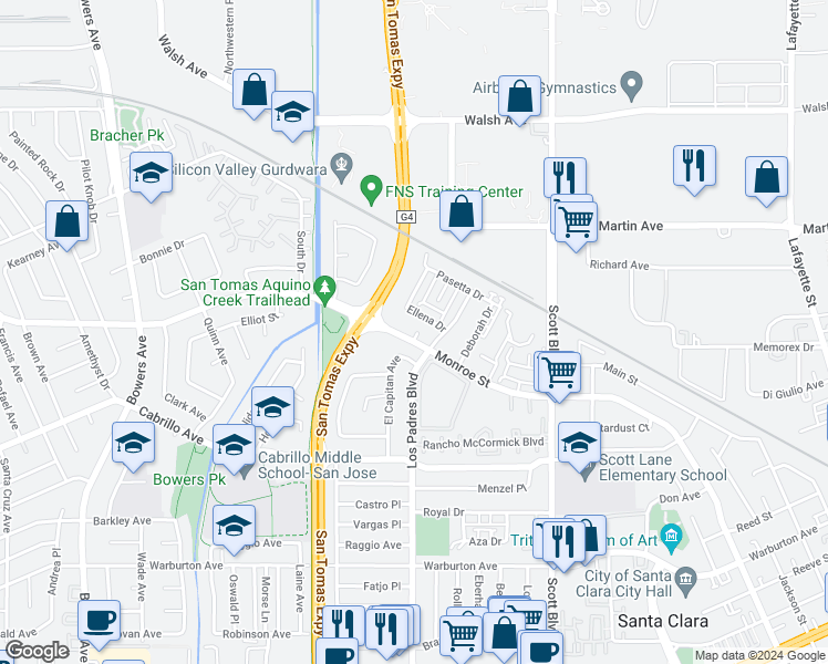 map of restaurants, bars, coffee shops, grocery stores, and more near 2274 Ellena Drive in Santa Clara