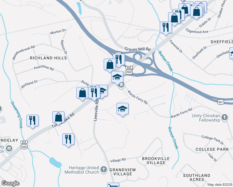 map of restaurants, bars, coffee shops, grocery stores, and more near 3151 Wards Ferry Road in Lynchburg