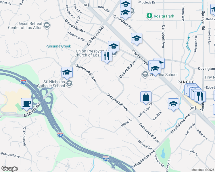 map of restaurants, bars, coffee shops, grocery stores, and more near 24570 Ruth Lee Court in Los Altos