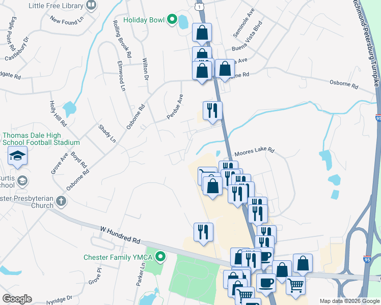 map of restaurants, bars, coffee shops, grocery stores, and more near 3000 Perdue Springs Lane in Chester