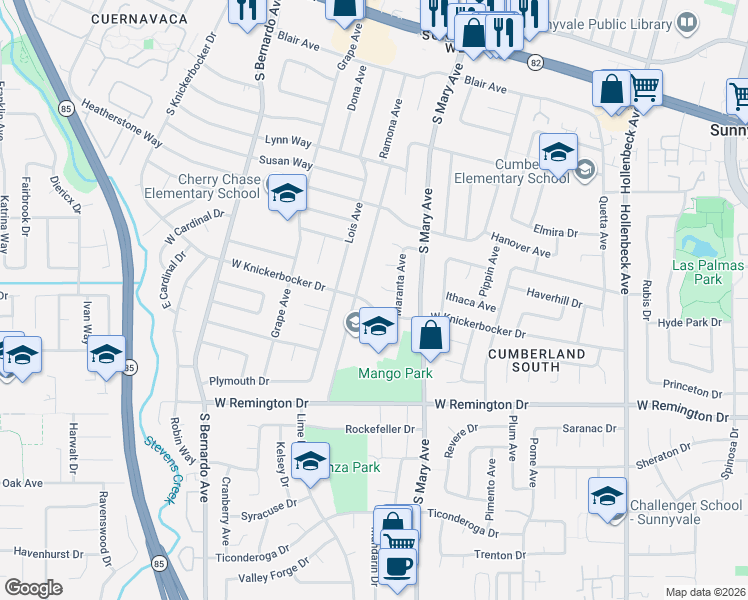 map of restaurants, bars, coffee shops, grocery stores, and more near 1027 Kenbridge Court in Sunnyvale