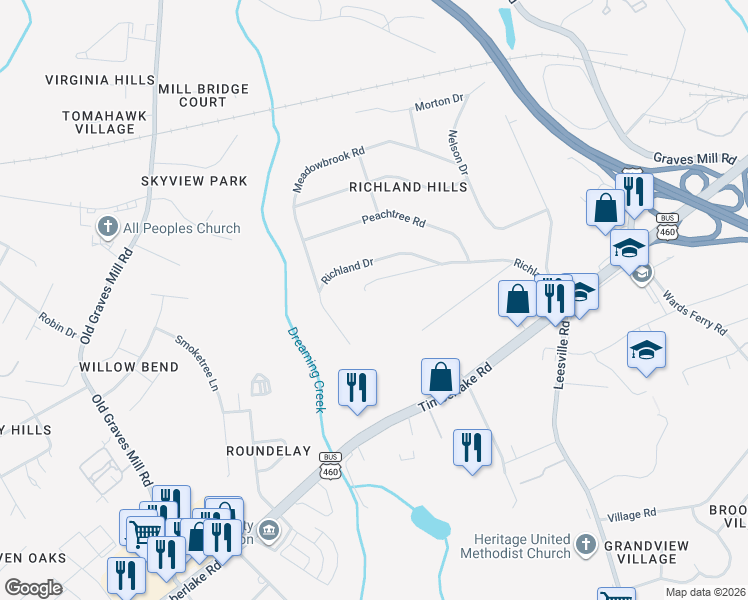 map of restaurants, bars, coffee shops, grocery stores, and more near 7420 Richland Drive in Lynchburg