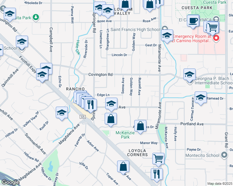 map of restaurants, bars, coffee shops, grocery stores, and more near 779 Edge Lane in Los Altos
