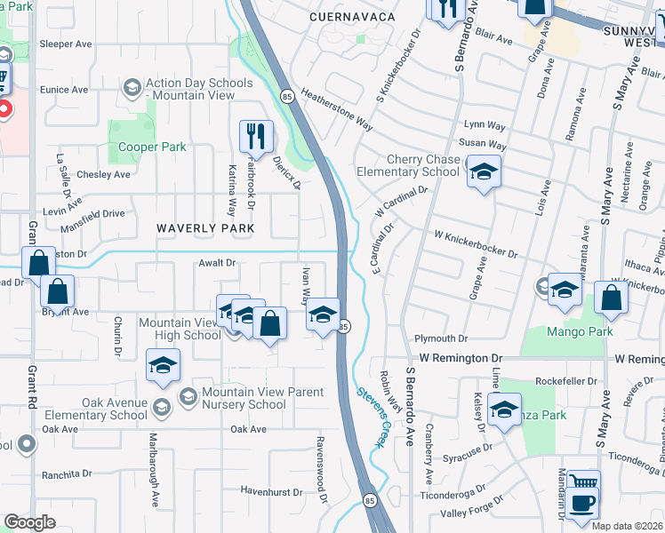 map of restaurants, bars, coffee shops, grocery stores, and more near 1308 Lubich Drive in Mountain View