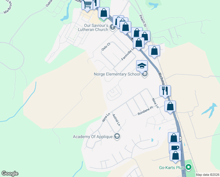 map of restaurants, bars, coffee shops, grocery stores, and more near 112-118 Wilson Circle in Williamsburg