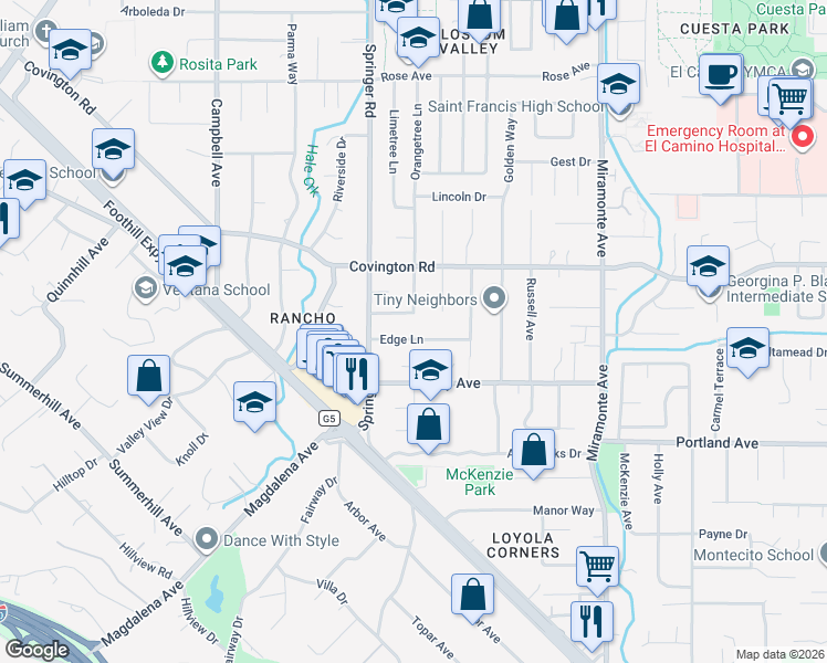 map of restaurants, bars, coffee shops, grocery stores, and more near 743 Edge Lane in Los Altos
