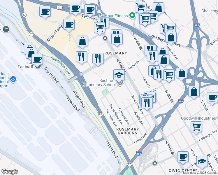 map of restaurants, bars, coffee shops, grocery stores, and more near 1550 Technology Drive in San Jose
