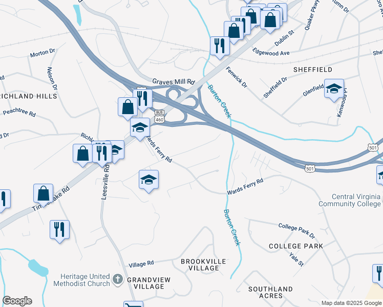 map of restaurants, bars, coffee shops, grocery stores, and more near 108 Adams Drive in Lynchburg