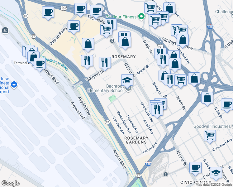 map of restaurants, bars, coffee shops, grocery stores, and more near 1550 Technology Drive in San Jose