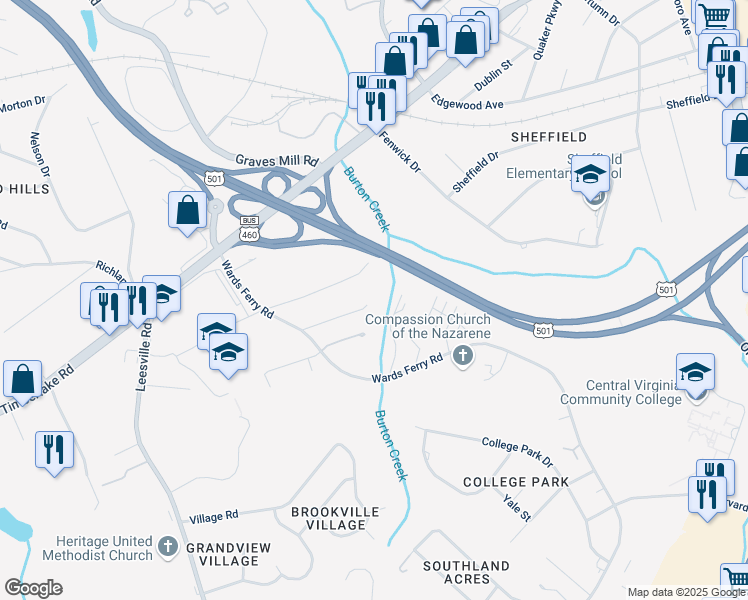 map of restaurants, bars, coffee shops, grocery stores, and more near 133 Water Gate Drive in Lynchburg