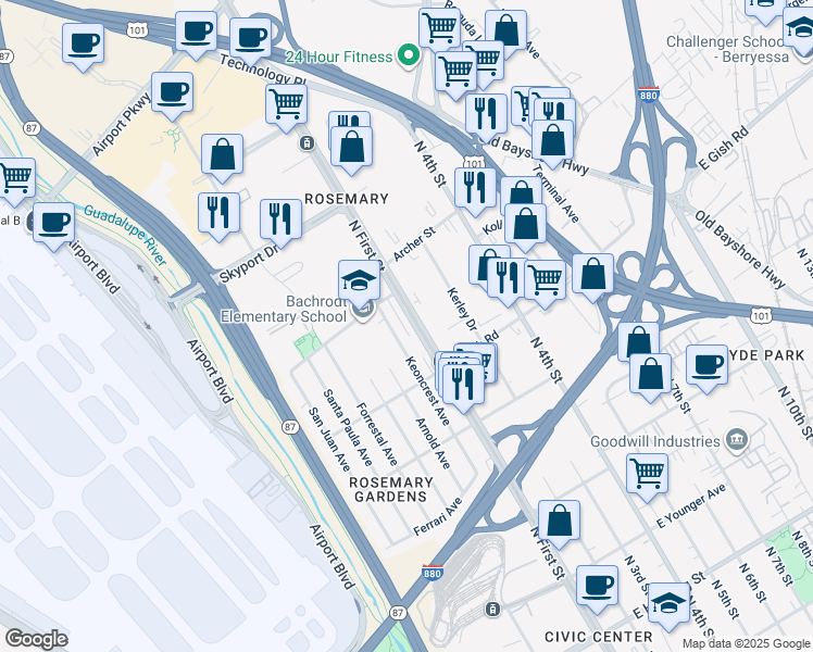 map of restaurants, bars, coffee shops, grocery stores, and more near 1505 North 1st Street in San Jose