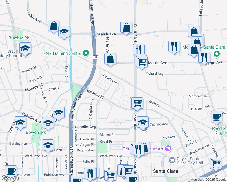 map of restaurants, bars, coffee shops, grocery stores, and more near 2285 Deborah Drive in Santa Clara