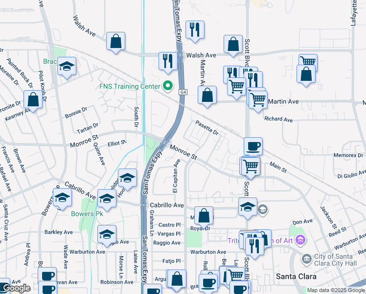 map of restaurants, bars, coffee shops, grocery stores, and more near 2274 Ellena Drive in Santa Clara