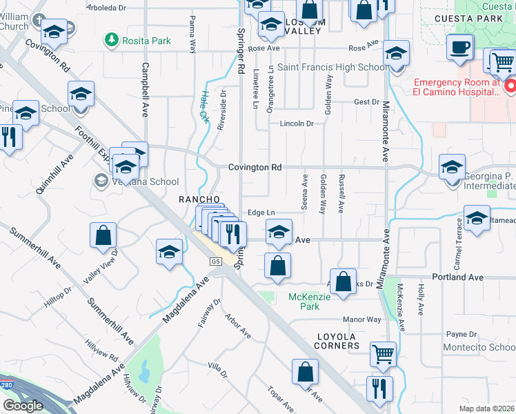 map of restaurants, bars, coffee shops, grocery stores, and more near 718 Filip Road in Los Altos