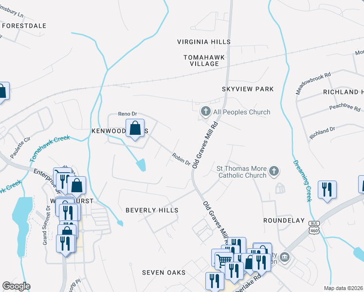 map of restaurants, bars, coffee shops, grocery stores, and more near 206 Hook Drive in Lynchburg