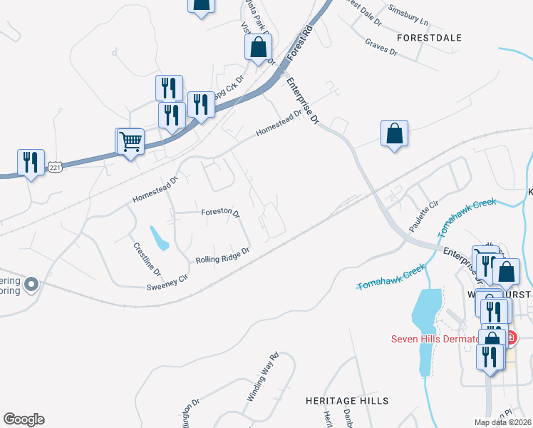 map of restaurants, bars, coffee shops, grocery stores, and more near 1047 Blane Drive in Forest