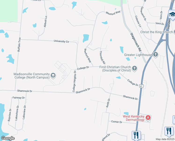 map of restaurants, bars, coffee shops, grocery stores, and more near 1295-1305 College Drive in Madisonville