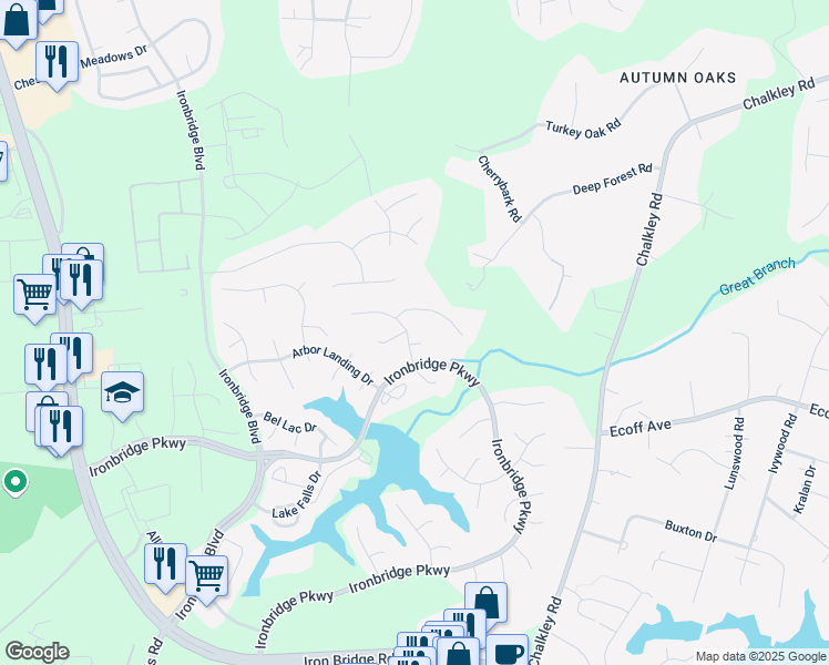 map of restaurants, bars, coffee shops, grocery stores, and more near 6104 Arbor Green Court in Chester