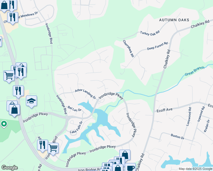 map of restaurants, bars, coffee shops, grocery stores, and more near 6104 Arbor Green Court in Chester